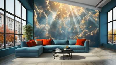 God light in heaven symbolizing divine presence, truth, spiritual illumination, God love and grace. Light beams blessing world with heavenly light Wall mural