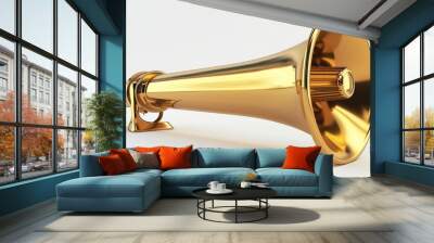 Golden metal megaphone isolated on white background. 3d rendering of bullhorn, luxury loudspeaker isolated on white, copy space. Generative AI Wall mural