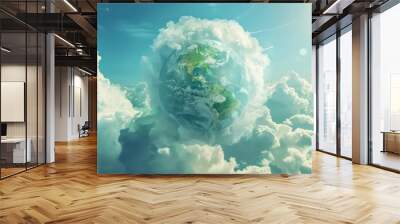 Green globe in clouds, Green world map earth planet on clouds against sky backgrounds, environment protection, earth family protection, Earth Day background with copy space. Generative AI Wall mural