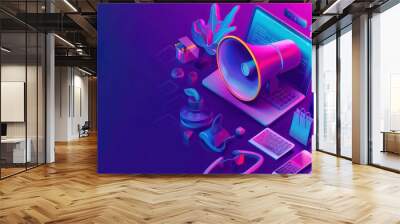 Modern illustration of isometric digital marketing and online shopping. Mobile phone, big megaphone, and 3D promotion icons. Landing page and ultraviolet sales banner. Generative AI Wall mural