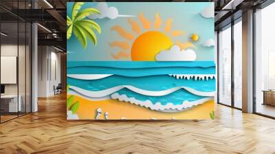 Paper art of a tropical beach with blue ocean, palm tree, sky and sun, summer concept illustration. Generative AI Wall mural