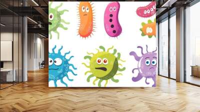 Set of cartoon bacteria isolated on a white background, cute microbes and viruses, created using. Generative AI Wall mural