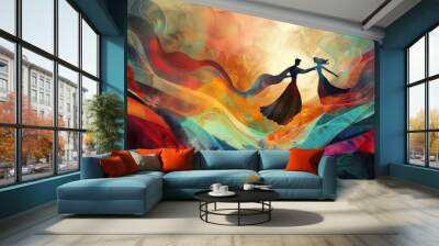 Silhouette of couple dancing on a colorful abstract background. Wall mural