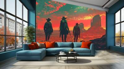 Three cowboys stand in a desert landscape under a dramatic red sunset, gazing at the horizon. Wall mural