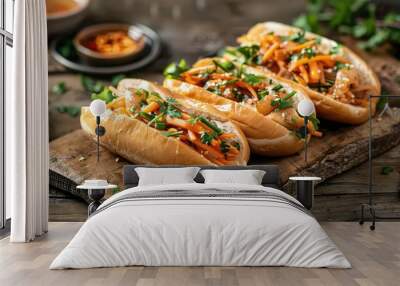 Three Vietnamese banh mi sandwiches with pickled carrots and cilantro on a rustic wooden board. Wall mural