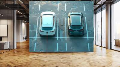 Two electric cars charging in a parking lot. Wall mural