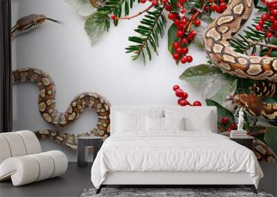 Two snakes with scales and patterns are positioned on opposite sides of a white background. In between them, there are green leaves, twigs, and red berries that are sprinkled with glitter. Wall mural