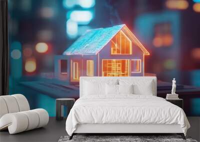 Wireframe house model glowing with warm light on architectural blueprint. Wall mural