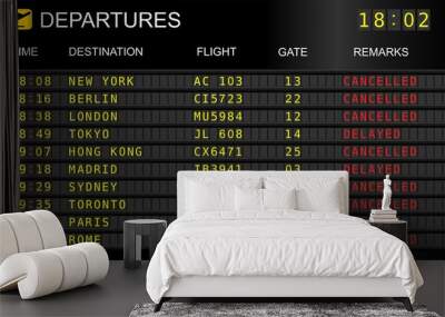 Flight departure board. Information display system in international airport, cancelled and delayed flights Wall mural