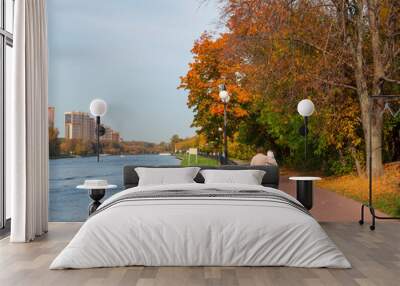 A middle-aged couple in love walks in an embrace along the autumn embankment. Wall mural