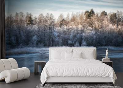 Beautiful winter day with ice fishing. Panorama of a winter landscape with a frozen lake and white trees in the frost Wall mural