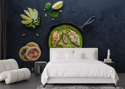 Green curry dish. Fish in spicy green curry.  Wall mural