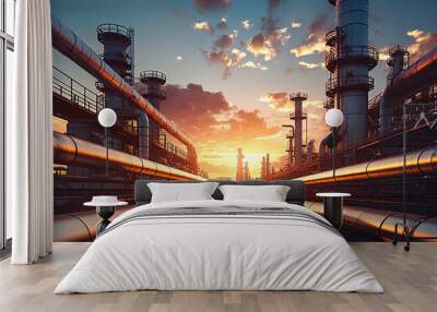 steel long gas or oil pipes in factory against sunset light. copyspace for your text. Wall mural