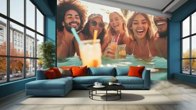 Group of friends having fun together in swimming pool during travel vacation - Young multiracial people with cocktails during summer holiday at tropical resort - Models by AI generative Wall mural