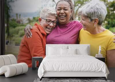 Happy multiracial senior women having fun together at park - Elderly generation people hugging each other outdoor Wall mural