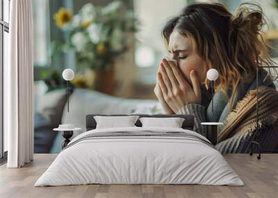 Sick woman blowing her nose while sitting on couch at home - Cold, flu, or allergy season concept - Model by AI generative Wall mural