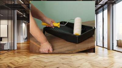 A woman is holding a paint roller, poised to coat it with white paint from the black tray, ready to start painting a wall with new color in a room undergoing renovation. Female hand holds paint roller Wall mural