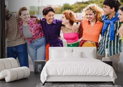 Young diverse friends having fun together outdoor - Concept of multiracial people Wall mural