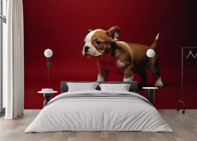  a playful puppy, isolated against a dark velvet maroon background Wall mural