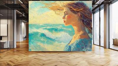 A portrait of a woman with wind-swept hair and a sun-kissed complexion, dressed in sea-themed attire with hues of blues and greens Wall mural