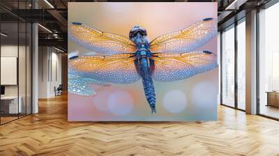 Extreme close-up of a dragonfly resting on a dewy leaf Wall mural