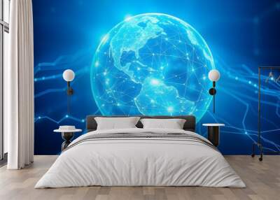 Blue digital hologram world map, connected with wire, centered on Asia. global network communication futuristic innovation technology concept. Wall mural