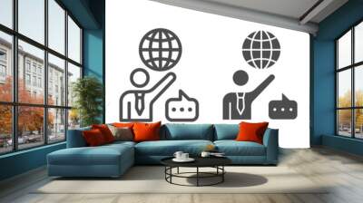 Man, globe and speech bubble, teacher line and solid icon, communication concept, international vector sign on white background, outline style icon for mobile concept and web design. Vector graphics. Wall mural