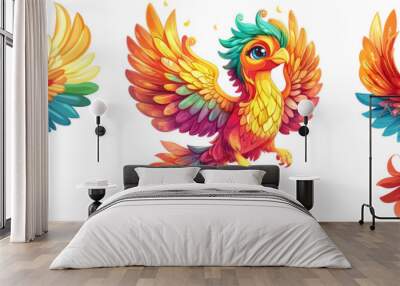 Set off a cute and colorful phoenix with its wings spread isolated on a transparent background Wall mural