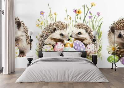 Set off Hedgehogs with Easter Eggs. Charming hedgehogs isolated on a transparent background Wall mural