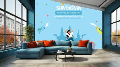 Thailand Songkran water Festival horizontal banner template illustartion. Wall mural