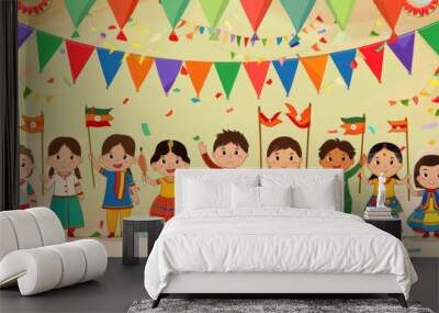 Cartoon Kids Celebrating with Flags and Banners Wall mural