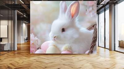 Charming easter card design with fluffy white bunny and pastel eggs Wall mural