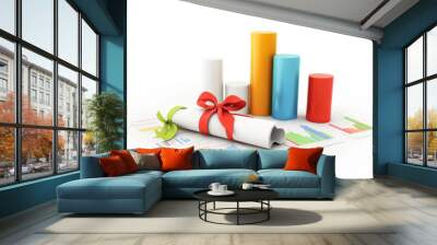 Colorful bar graphs and rolled documents with red bow on data charts Wall mural