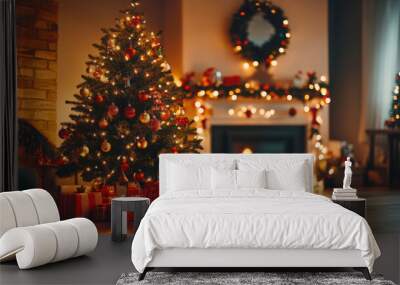 Cozy christmas living room with decorated tree and warm fireplace ambiance Wall mural