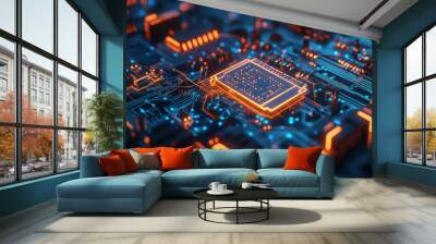 Futuristic circuit board with glowing neon elements in high-tech environment Wall mural