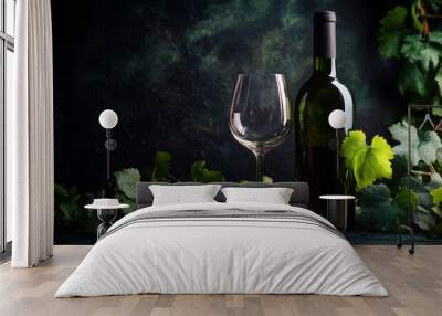 Moody Wine Bottle and Glass with Vine Leaves Wall mural