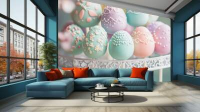 Pastel easter cake pops on an elegant stand for spring celebrations Wall mural