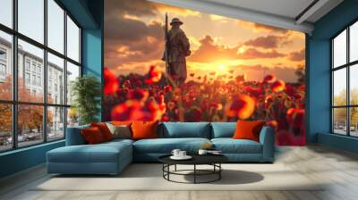 Soldier in Poppy Field at Veterans Day Sunset Wall mural