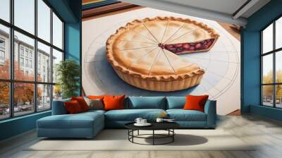 Artistic drawing of pie, colorful pencils, creative process, still life, copy space Wall mural