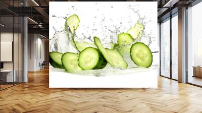 Bitter gourd  sliced pieces flying in the air with water splash isolated on transparent png.
 Wall mural