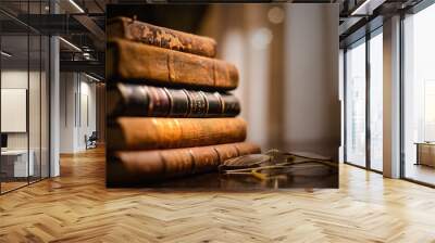 A vintage pile of five old brown leather books with eye glasses on a wood table. Wall mural