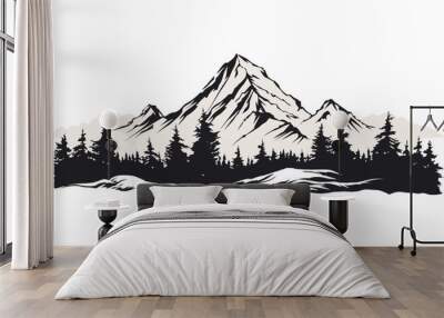 Black and white mountain range with trees wall art, symbolic landscapes stencil art outdoor scenes adventure vector illustration Wall mural