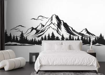 Black and white mountain range with trees wall art, symbolic landscapes stencil art outdoor scenes vector illustration Wall mural