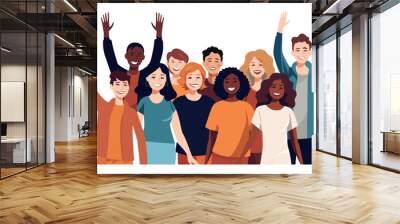 Diverse multicultural group of people friends waving and smiling, vector illustration Wall mural