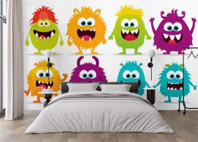 funny and cute colorful monsters standing side by side, vector set illustration Wall mural