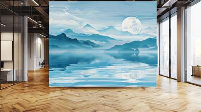 landscape minimal illustration painting lake water moon reflection mountain Wall mural