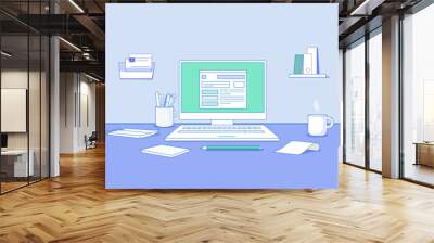 laptop flat vector illustration web page desk workspace minimalist concept Wall mural