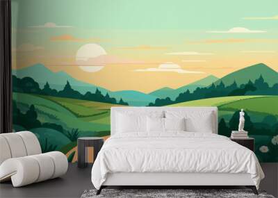 Road through a green field landscape scene at sunset, colorful summer vector illustration Wall mural