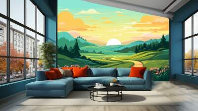 Road through a green field landscape scene at sunset, colorful summer vector nature illustration Wall mural