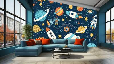 rockets planet stars astronaut seamless pattern kids party textile wallpaper illustration Wall mural